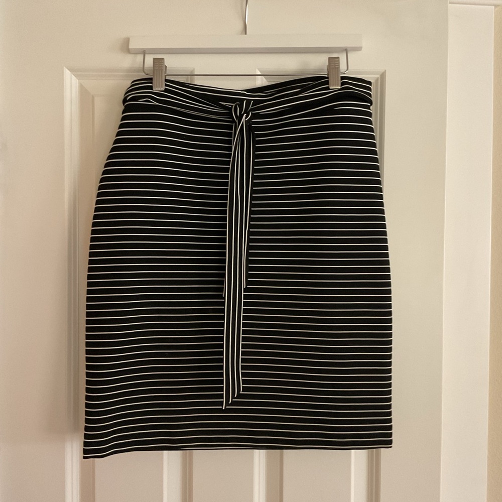 LOFT Black and White Striped Tie-Front Pencil Skirt